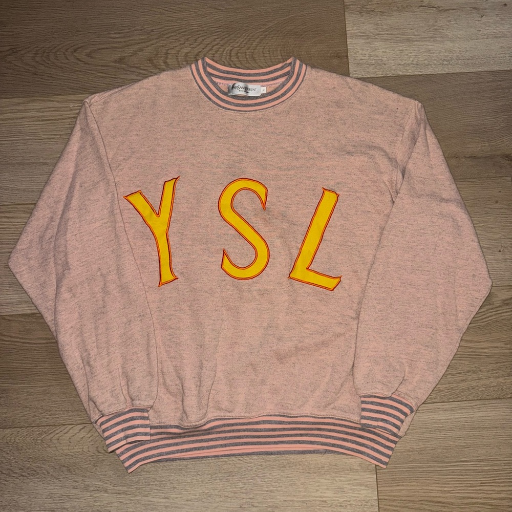 Vintage 90’s Saint Laurent YSL Logo Oversized Salmon Pink Crewneck Sweater - Picture 1 of 7